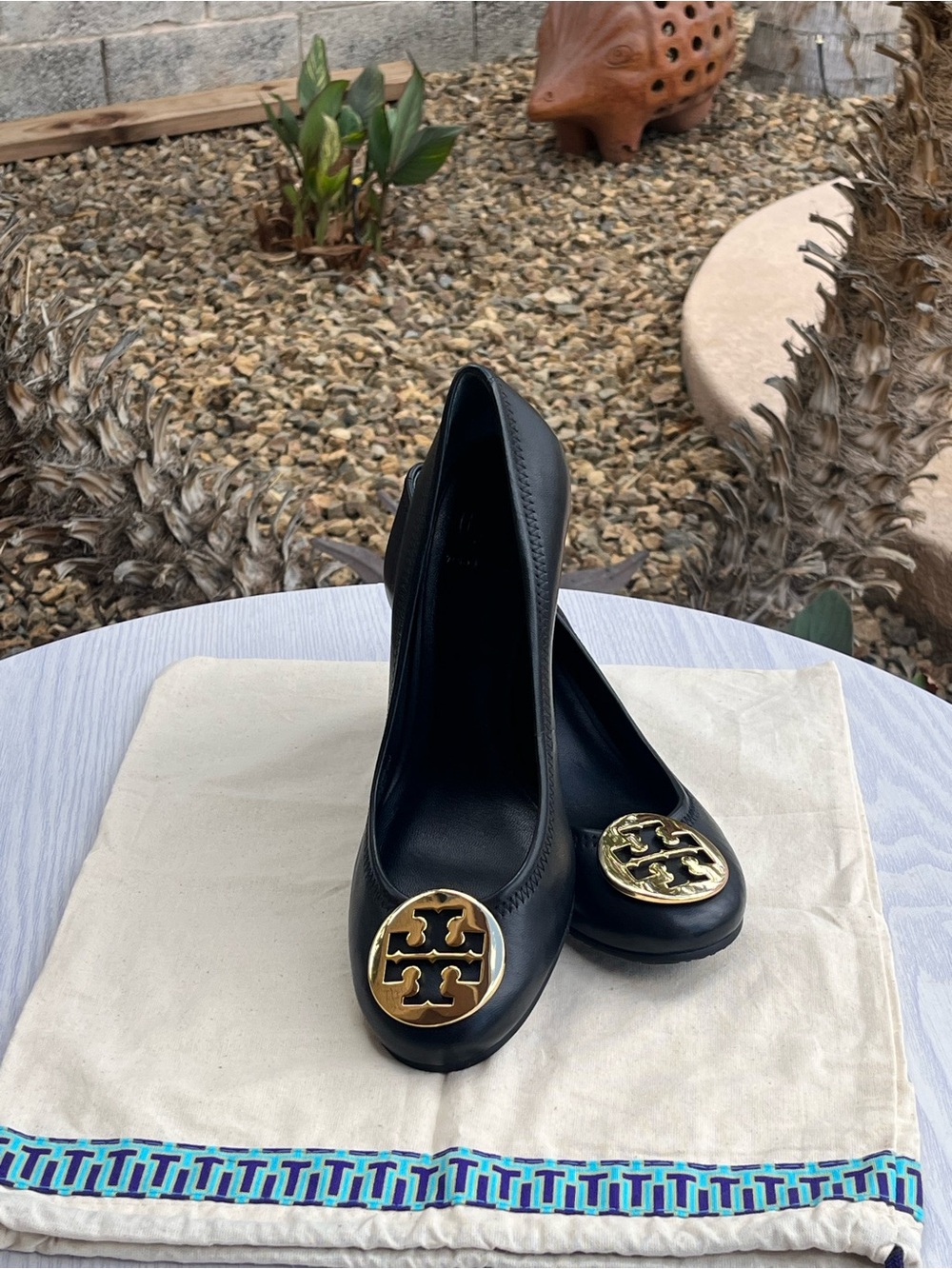 Tory Burch Sally Black Leather Wedge Pumps with Gold Medallion